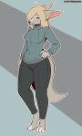  2023 3:5 absurd_res anna_(the_man) anthro barefoot black_nose blonde_hair blue_eyes breasts canid clothed clothing feet female fluffy fluffy_tail full-length_portrait fur hair hand_on_hip hi_res mammal portrait smile solo sweater tail tan_body tan_fur the_man topwear 