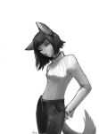  2022 anthro bottomwear breasts canid canine clothing eyebrows female hair hi_res koiren long_hair looking_away mammal monochrome one_eye_closed pants simple_background solo standing topwear unknown_character watermark 