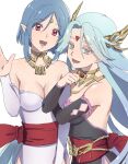  2girls :d blue_hair breasts detached_sleeves dress facial_mark filia_(star_ocean) forehead_mark gloves hair_ornament jewelry looking_at_viewer multiple_girls necklace open_mouth pointy_ears red_eyes rusinomob short_hair simple_background smile star_ocean star_ocean_the_second_story white_background 