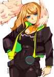  1girl 3amsoda belt black_bodysuit black_jacket blonde_hair blue_eyes bodysuit breast_tattoo breasts choker cleavage cowboy_shot eunie_(xenoblade) feathered_wings frown hand_on_own_hip head_wings highres jacket large_breasts looking_at_viewer medium_hair open_clothes open_jacket skin_tight solo tattoo white_background wings xenoblade_chronicles_(series) xenoblade_chronicles_3 