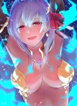  1girl armlet armor armpits arms_up bikini_armor blue_skin blush breasts circle cleavage collar colored_skin earrings fate/grand_order fate_(series) flower fufufu_hehehe gradient_skin hair_ribbon highres jewelry kama_(fate) kama_(third_ascension)_(fate) large_breasts long_hair looking_at_viewer metal_collar open_mouth red_eyes ribbon smile solo white_hair 