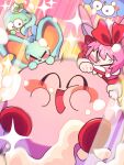  &gt;_&lt; 0tamt0 1girl animal_ears blush_stickers closed_eyes commentary_request elfilin fairy fairy_wings food food_on_face highres kirby kirby&#039;s_dream_buffet kirby_(series) mouse_ears notched_ear open_mouth pink_hair red_ribbon ribbon ribbon_(kirby) smile sparkle sweat whipped_cream wings 