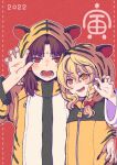  2girls alternate_costume animal_costume animal_ears animal_print blonde_hair blush braid chinese_zodiac claw_pose commentary hair_ribbon hair_tubes hakurei_reimu hand_on_another&#039;s_waist hands_on_another&#039;s_shoulders karioda kirisame_marisa long_hair multiple_girls open_mouth orange_eyes red_background red_eyes red_ribbon ribbon side_braid single_braid smile tiger_costume tiger_ears tiger_print touhou year_of_the_tiger 