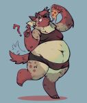  anthro belly bulge canid canine canis chest_(disambiguation) clothing domestic_dog eating fluffy food full-length_portrait hi_res hyena invalid_tag male mammal mekmarchu overweight paws pizza portrait rye ryehyena sketch slightly_chubby solo tail toony underwear wag 