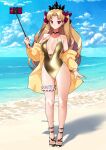  1girl absurdres alternate_costume beach blonde_hair blue_sky blush breasts cellphone choker cleavage closed_mouth cloud collarbone commentary day english_commentary ereshkigal_(fate) fate/grand_order fate_(series) gold_one-piece_swimsuit hair_ribbon highres holding jacket long_hair looking_at_viewer medium_breasts monkey_jon ocean off_shoulder one-piece_swimsuit open_clothes open_jacket parted_bangs phone red_eyes red_ribbon ribbon sand sandals selfie_stick shadow sky solo swimsuit tiara toenails toes two_side_up water yellow_jacket 