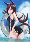  1girl absurdres adjusting_clothes adjusting_swimsuit animal_ears ass black_one-piece_swimsuit breasts competition_swimsuit from_behind hair_over_one_eye highres horse_ears horse_girl horse_tail innertube long_hair looking_at_viewer looking_back ocean one-piece_swimsuit purple_eyes rice_shower_(umamusume) shiny_skin solo standing swimsuit tail tatsumi_yashiro umamusume water wet wet_clothes wet_swimsuit 
