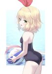  1girl ass ball bare_shoulders beachball blonde_hair blue_one-piece_swimsuit border breasts cowboy_shot green_eyes hair_ribbon highres holding holding_ball idolmaster idolmaster_cinderella_girls idolmaster_cinderella_girls_starlight_stage light_blush looking_at_viewer looking_to_the_side medium_hair minamoto_tarou one-piece_swimsuit open_mouth outside_border red_ribbon ribbon sakurai_momoka sideways_mouth small_breasts solo swimsuit thighs water wavy_hair white_border 