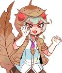 1girl :3 baweng_satanic_leaf_gecko_(kemono_friends) brown_jacket brown_necktie brown_skirt claw_pose collared_shirt cowboy_shot gloves gradient_necktie grey_hair hood hood_up jacket kemono_friends leaf_necklace lizard_tail ma2uastro necktie open_clothes open_jacket open_mouth pleated_skirt purple_necktie red_eyes reptile_girl shirt short_hair short_sleeves skirt smile solo sparkling_eyes tail two-tone_necktie white_gloves white_shirt 
