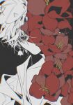  1boy bell bell_earrings chromatic_aberration covered_mouth earrings flower flower_over_eye highres jewelry looking_at_viewer male_focus mole mole_under_eye one_eye_covered original partially_colored portrait red_flower robe short_hair simple_background solo wenyiyuuuuu 