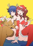  2boys 2girls absurdres antlers arms_under_breasts bell bikini blonde_hair blue_hair blush breasts closed_mouth commentary covering_own_eyes embarrassed feet_out_of_frame fur-trimmed_bikini_top fur-trimmed_thighhighs fur_trim grey_hair hat highres igusaharu kujikawa_rise large_breasts legs long_hair looking_at_viewer multiple_boys multiple_girls narukami_yuu navel open_mouth persona persona_4 red_hair reindeer_antlers santa_hat shirogane_naoto short_hair side-tie_bikini_bottom sitting swept_bangs swimsuit symbol-only_commentary tatsumi_kanji thighhighs thighs v yellow_background 