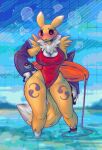  absurd_res anthro bandai_namco big_breasts breasts cleavage clothed clothing digimon digimon_(species) dimwitdog female fur hi_res one-piece_swimsuit renamon solo swimwear yellow_body yellow_fur 