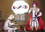  2boys alear_(fire_emblem) alear_(male)_(fire_emblem) blue_hair cape fire_emblem fire_emblem_engage fire_emblem_heroes highres hooded_robe igni_tion kiran_(male)_(fire_emblem) multicolored_hair multiple_boys nintendo_switch pepsi red_hair robe thought_bubble toothpaste two-tone_hair 