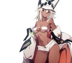 10mo 1girl armpits bare_shoulders belt_bra blonde_hair breasts cape collarbone dark-skinned_female dark_skin groin guilty_gear guilty_gear_xrd hair_between_eyes hat highres long_hair looking_at_viewer midriff navel orange_eyes ramlethal_valentine short_shorts shorts simple_background small_breasts solo stomach thighs undressing white_background white_cape 