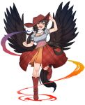  1girl bandana black_hair black_wings blue_shirt blush boots breasts brown_footwear brown_headwear brown_skirt cleavage clenched_hand cowboy_hat feathered_wings frilled_sleeves frills full_body hat horse_tail kurokoma_saki large_breasts long_hair nyong_nyong open_mouth pegasus_wings red_eyes shirt short_sleeves skirt smile solo tail touhou transparent_background white_bandana wings 