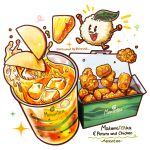  chicken_nuggets cup drink food food_focus fruit highres leaf no_humans original pineapple pineapple_slice rice shadow sparkle still_life tater_tots tea xindi 