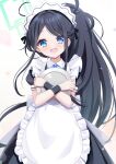  1girl :d absurdly_long_hair absurdres apron aris_(blue_archive) aris_(maid)_(blue_archive) black_hair blue_archive blue_eyes commentary_request fengshen_chino frilled_apron frills halo highres holding holding_tray long_hair looking_at_viewer maid maid_apron maid_headdress official_alternate_costume official_alternate_hairstyle parted_bangs short_sleeves side_ponytail sidelocks simple_background smile solo tray very_long_hair white_apron white_background wristband 