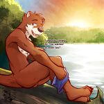  2023 5_fingers anthro blue_bottomwear blue_clothing bottomwear claws clothing dialogue fingers fur hi_res lake male mammal mustelid nude open_mouth otter plantigrade pulled_down question_mark scenery sitting solo talking_to_viewer toe_claws undressing ventkazemaru water 