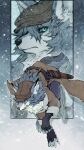  1boy animal_ears brown_coat brown_headwear claws coat commentary_request fate/grand_order fate_(series) fingerless_gloves furry furry_male gloves looking_at_viewer looking_to_the_side male_focus multiple_views ogasawara_tomy patxi_(fate) sheath snow tail wolf_boy wolf_ears wolf_tail 
