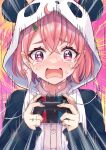  1girl ahoge animal_hood crying earrings fang hair_ornament hairclip highres hood hood_up jewelry kashiwagi_touko nijisanji nintendo_switch panda_hood pink_eyes pink_hair sasaki_saku sasaki_saku_(1st_costume) short_hair skin_fang solo virtual_youtuber 