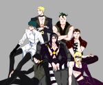  6+boys absurdres black_hair black_sclera blonde_hair blue_hair clothing_cutout colored_sclera crossed_arms domino_mask formaggio ghiaccio hat hat_bobbles highres illuso jojo_no_kimyou_na_bouken male_focus mask melone multiple_boys pesci prosciutto red_eyes red_hair risotto_nero sitting ummi_ii vento_aureo 