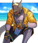  1boy abs avatar_(pso2) bara bare_pectorals beach colored_skin cyborg drink drinking_straw glowing hakidashi_11 holding holding_drink jacket male_focus masked mechanical_hands mechanical_tail multicolored_clothes multicolored_jacket muscular muscular_male open_clothes open_jacket pectorals phantasy_star phantasy_star_online_2 purple_skin robot_ears shorts sitting solo tail two-tone_jacket 