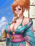  1girl alternate_costume arm_tattoo bare_shoulders beer_can bikini bikini_top_only blue_kimono blue_sky blush breasts brown_eyes can collarbone earrings falling_petals foam green_bikini japanese_clothes jewelry kimono kyopink large_breasts lips nami_(one_piece) obi off_shoulder one_piece orange_hair pearl_earrings petals sash sky solo swimsuit tattoo upper_body window yebisu 