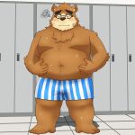  2023 anthro band-aid bandage bear belly blush bodily_fluids brown_body brown_fur clothing eyewear fur glasses hi_res humanoid_hands kemono lifewonders male mammal moobs navel overweight overweight_male solo sweat tokyo_afterschool_summoners underwear volos yaki_atsuage 