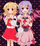  2girls ascot bat_wings blonde_hair blue_brooch blush bow breasts brooch buttons candy closed_mouth collarbone collared_shirt dress_shirt feet_out_of_frame flandre_scarlet food frilled_ascot frilled_shirt frilled_shirt_collar frilled_skirt frilled_sleeves frills hair_between_eyes halloween halloween_bucket hat heart heart_background hitodama holding holding_candy holding_food holding_lollipop jewelry light_smile lollipop looking_at_viewer medium_hair multicolored_wings multiple_girls no_headwear open_mouth pink_shirt pink_skirt puffy_short_sleeves puffy_sleeves purple_background purple_hair red_ascot red_bow red_eyes red_ribbon red_skirt red_vest remilia_scarlet ribbon ribbon-trimmed_skirt ribbon_trim shirt short_sleeves siblings simple_background sisters skirt skirt_set sleeve_bow sleeve_ribbon small_breasts swirl_lollipop teeth top_hat touhou upper_teeth_only vest white_shirt wings yellow_ascot yuuki_(koucha_to_panda) 