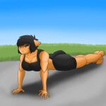  1:1 anthro arisenleaf black_hair blue_eyes bottomwear bra clothing exercise female fluffy_pony fur grass hair hi_res orange_body orange_fur plant shorts solo sports_bra underwear 