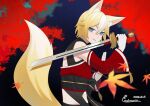  1boy animal_ear_fluff animal_ears arm_up artist_name autumn_leaves bare_shoulders black_sash blonde_hair blue_eyes closed_mouth colored_eyelashes commission dated detached_sleeves fox_boy fox_ears fox_tail from_side gloves grey_hair hair_between_eyes hand_up highres holding holding_sword holding_weapon kitsune leaf light_smile lipstick long_sleeves looking_at_viewer makeup male_focus multicolored_hair night obi original red_lips red_sleeves sash short_hair signature skeb_commission solo star_(sky) streaked_hair sword tail tassel tebamaru upper_body weapon white_gloves wide_sleeves yellow_tail 