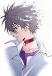  1boy black_choker choker closed_mouth collared_shirt facing_to_the_side grey_hair highres looking_at_viewer male_focus nagisa_kaworu neon_genesis_evangelion official_style parody purple_shirt red_eyes shirt short_hair smile solo spiked_hair style_parody tousok white_shirt 