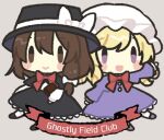  2girls black_capelet blonde_hair bow brown_eyes brown_hair capelet chibi closed_mouth collared_shirt dress english_text fedora ghostly_field_club hat hat_bow hat_ribbon kagome_f long_sleeves maribel_hearn mob_cap multiple_girls necktie no_headwear open_mouth puffy_sleeves purple_dress purple_eyes ribbon shirt short_hair short_ponytail side_ponytail simple_background touhou usami_renko white_bow white_headwear white_shirt 