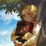  1girl artist_name blue_sky book closed_mouth cloud dappled_sunlight dated day elf green_hair holding holding_book hood hooded_jacket jacket kiyo_(a_sam_ko) looking_at_viewer mushoku_tensei outdoors pointy_ears red_eyes short_hair sky smile solo sunlight sylphiette_(mushoku_tensei) tree white_jacket 