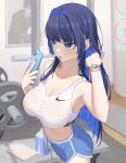  1girl absurdres bangom_r blue_hair bottle breasts cellphone gym hair_intakes hair_tie_in_mouth highres hololive large_breasts long_hair mouth_hold nike ouro_kronii phone short_shorts shorts smartphone solo sports_bra very_long_hair virtual_youtuber watch white_sports_bra wristwatch yagoo 