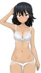  1girl absurdres andou_(girls_und_panzer) arm_up ass_visible_through_thighs black_eyes black_hair blush bow bow_bra bow_panties bra breasts cleavage closed_mouth commentary commentary_request cowboy_shot dark-skinned_female dark_skin frown girls_und_panzer gogopaint half-closed_eyes hand_in_own_hair highres lace lace_bra lace_panties looking_at_viewer medium_breasts medium_hair messy_hair navel panties simple_background solo standing underwear underwear_only white_background white_bra white_panties 