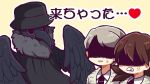  1boy 2boys anger_vein black_coat black_headwear black_mask black_necktie black_wings brown_hair clenched_teeth closed_mouth coat collared_shirt commentary_request e.g.o_(project_moon) employee_(lobotomy_corporation) feathered_wings fur-trimmed_coat fur_jacket fur_trim hat hatake_shimeji heart jacket light_brown_hair lobotomy_corporation medium_hair multiple_boys necktie outline plague_doctor plague_doctor_(project_moon) plague_doctor_mask project_moon shaded_face shirt short_hair simple_background teeth translation_request white_outline white_shirt wings yellow_background yellow_jacket 