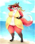  2023 anthro artist_name bangs beach belly big_belly big_breasts big_butt black_hands black_nose black_paws bracelet breasts butt canid canine canis chest_tuft cleavage clothed clothing cloud day eyebrows featureless_breasts featureless_crotch female flower flower_accessory fluffy fluffy_tail fox fur gold_(metal) gold_jewelry hair hand_behind_head hand_on_stomach hat headgear headwear james_(red08fox) jewelry long_tail looking_at_viewer mammal multicolored_body multicolored_fur navel orange_eyes partially_clothed plant pregnant pregnant_female rakkyoarts red_body red_fox red_fur red_hair ribbons robe seaside sky solo tail thick_thighs tongue tongue_out translucent translucent_clothing tuft water wide_brim_hat wide_hips yellow_clothing yellow_robe 