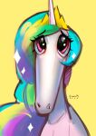  2023 absurd_res annna_markarova blue_hair crown digital_media_(artwork) equid equine eyelashes female feral friendship_is_magic green_hair hair hasbro headgear hi_res horn let_me_do_it_for_you long_snout mammal multicolored_hair my_little_pony parody pink_eyes pink_hair princess_celestia_(mlp) sad simple_background snout solo unicorn white_body yellow_background 