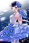  1girl ;d artist_name bare_arms bare_shoulders blue_dress blue_eyes blue_flower blue_hair blurry blush bouquet breasts commentary_request dated dress earrings flower frilled_dress frills glint gradient_background hair_flower hair_ornament happy himawari-san holding holding_bouquet jewelry kazamatsuri_fuuko light_particles looking_at_viewer medium_breasts one_eye_closed open_mouth purple_ribbon ribbon short_hair signature simple_background sleeveless sleeveless_dress smile solo standing sugano_manami 