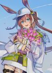  1girl alternate_costume amiya_(arknights) animal_ears arknights ass baseball_cap blue_eyes blue_sky bouquet brown_hair character_name commentary contrail cowboy_shot dress flower green_dress hat highres holding holding_bouquet hood hooded_jacket jacket jewelry layered_dress long_hair long_sleeves looking_at_viewer maealgae1 mixed-language_commentary multiple_rings open_mouth pink_flower rabbit_ears rabbit_girl ring sidelocks sky smile solo thigh_pouch thigh_strap tulip very_long_hair white_background white_dress white_headwear 