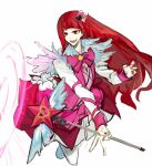  1girl bow bowtie e.g.o_(project_moon) employee_(lobotomy_corporation) hair_ornament heart heart_hair_ornament holding holding_wand lobotomy_corporation long_hair long_sleeves nishikujic open_mouth pink_bow pink_bowtie pink_skirt pink_vest project_moon red_eyes red_hair red_nails shirt simple_background skirt smile solo v very_long_hair vest wand white_background white_shirt 