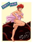  1980s_(style) 1girl dirty_pair full_body headband highres kei_(dirty_pair) moechiki red_eyes red_hair retro_artstyle short_hair standing standing_on_one_leg 