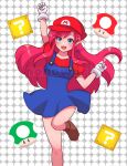  1-up_mushroom 1girl ?_block artist_name block_(mario) blue_eyes blue_overalls blush breasts brown_footwear buttons cosplay cowboy_shot dot_nose english_commentary floating_clothes floating_hair gloves hat highres link_(shounen_captain) long_hair looking_at_viewer mario mario_(cosplay) mario_(series) nonoworks open_mouth overall_skirt overalls pink_hair puffy_short_sleeves puffy_sleeves red_headwear red_shirt shiny_skin shirt shoes short_sleeves sidelocks signature small_breasts smile solo standing standing_on_one_leg super_mushroom the_legend_of_zelda very_long_hair watermark white_gloves 