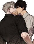  1blgs 2boys black_hair black_shirt blush collared_shirt covering_mouth grey_hair hand_over_another&#039;s_mouth highres ilay_riegrow incoming_kiss jeong_taeui male_focus multiple_boys parted_lips passion_(manhwa) shirt sweatdrop upper_body white_background white_shirt yaoi 
