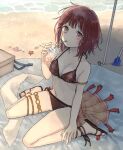  1girl armlet atelier_(series) atelier_sophie bare_shoulders beach bendy_straw bikini blush breasts brown_bikini brown_footwear cleavage cup disposable_cup drink drinking drinking_straw fingernails hand_on_own_leg hand_up hani_(udauda) ice ice_cube medium_breasts orange_eyes red_hair sand sandals seashell shell short_hair shovel sitting solo sophie_neuenmuller starfish swimsuit thighlet toenails wariza water 