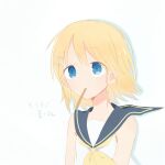  blonde_hair blue_eyes bow check_translation food_in_mouth highres kagamine_rin oboro_0x0 pocky_in_mouth sailor_collar shirt short_hair sleeveless sleeveless_shirt translation_request unworn_hair_bow vocaloid yellow_bow 