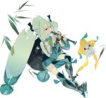  1girl black_skirt crossover e_volution eyelashes fingerless_gloves gloves green_eyes green_hair green_ribbon hands_up hatsune_miku holding holding_instrument instrument japanese_clothes jirachi kimono long_hair low-tied_long_hair music over-kneehighs playing_instrument poke_ball_print pokemon pokemon_(creature) project_voltage ribbon skirt steel_miku_(project_voltage) thighhighs thighs twintails vocaloid white_background 