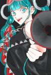  1girl 39 absurdres aqua_eyes aqua_hair black_background black_jacket blunt_bangs braid chain_necklace ear_piercing goggles goggles_on_head hair_ornament hatsune_miku hero_(vocaloid) highres holding holding_megaphone jacket jewelry long_hair magical_mirai_(vocaloid) magical_mirai_miku magical_mirai_miku_(2023) mangomelange megaphone multicolored_hair necklace piercing sleeveless smile solo tongue tongue_out twin_braids twintails two-tone_hair vocaloid 