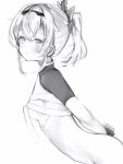  1girl absurdres arms_behind_back blush bottomless breasts fingerless_gloves from_side gloves greyscale hair_between_eyes highres hololive kazama_iroha leaning_forward looking_at_viewer medium_breasts medium_hair monochrome nanashi_(nlo) ponytail sarashi simple_background solo undone_sarashi virtual_youtuber 