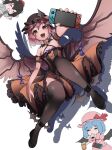  3girls :d absurdres alternate_costume animal_ears bai_huashu bird_ears bird_wings black_thighhighs blush commentary_request dress fang food foreshortening full_body handheld_game_console hat highres holding holding_handheld_game_console mob_cap multiple_girls mystia_lorelei nintendo_switch onigiri open_mouth orange_dress pink_eyes pink_hair remilia_scarlet shameimaru_aya simple_background skin_fang smile thighhighs touhou white_background wings 